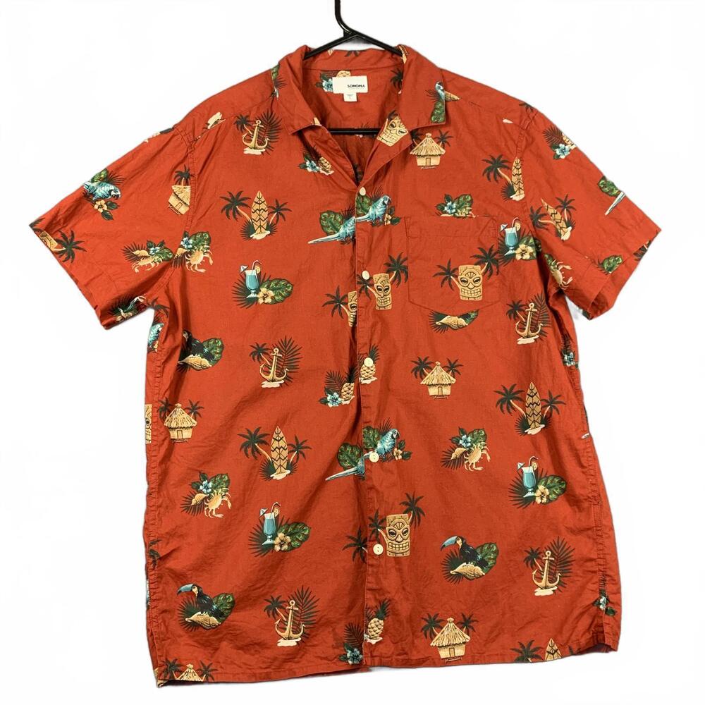 Sonoma Mens Size L Red Hawaiian Print Short Sleeve Shirt
